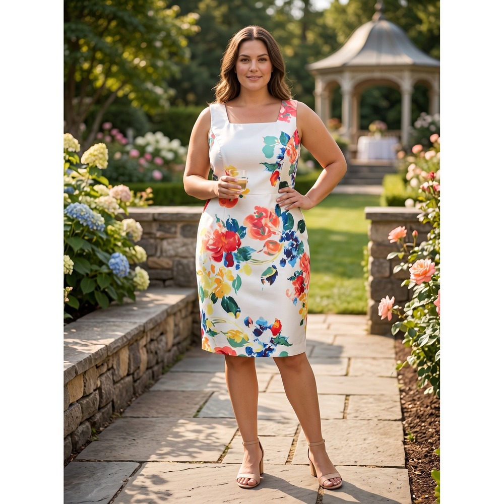 Glamour Dress Women's 14 NWT $80 White Floral Square Neck Sleeveless Pockets